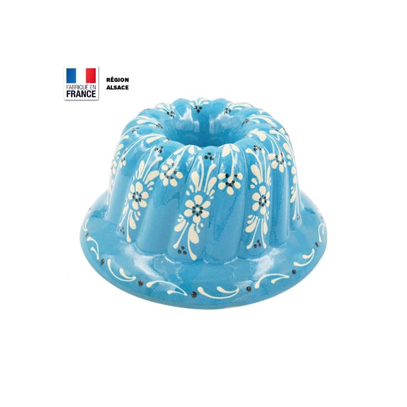 Moule à Kougelhopf en Terre Cuite / Bleu Turquoise Fleur