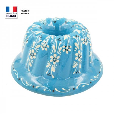 Moule à Kougelhopf en Terre Cuite / Bleu Turquoise Fleur
